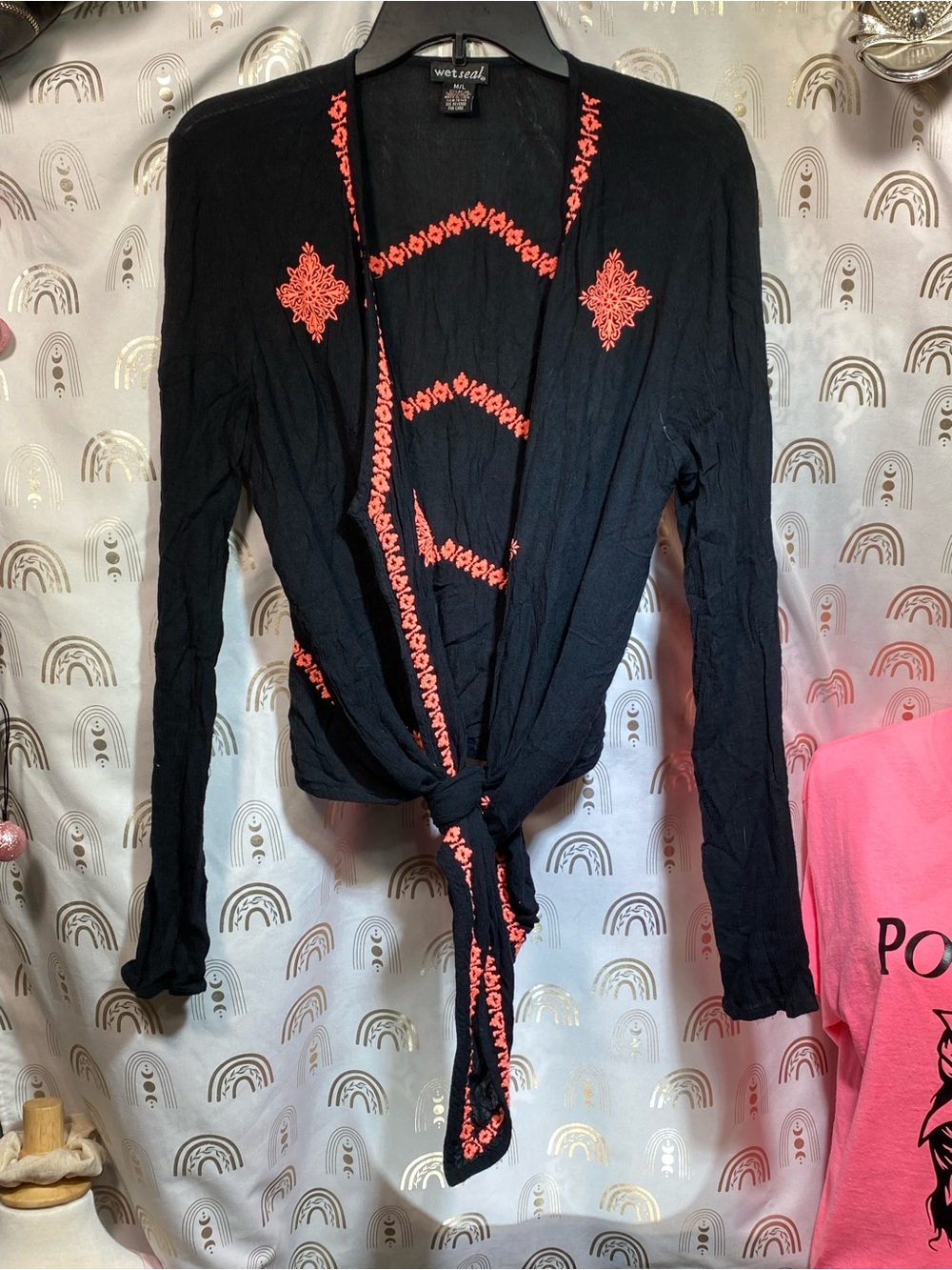Wet Seal Black Tie-Front Swim Coverup with Red Embroidery